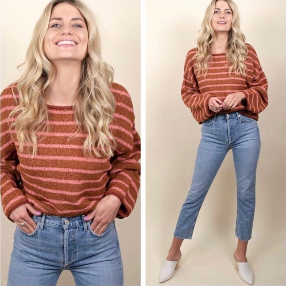 Free People Women's Sweater Bardot Terry Cotton
Blend Striped Orange Pink Small